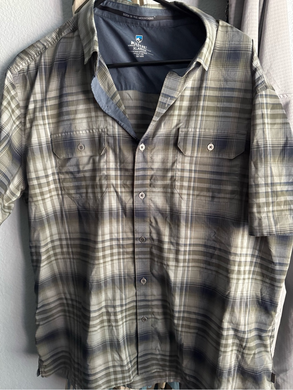 Kuhl Men's Short Sleeve Plaid Button-Up Shirt - Olive and Gray
